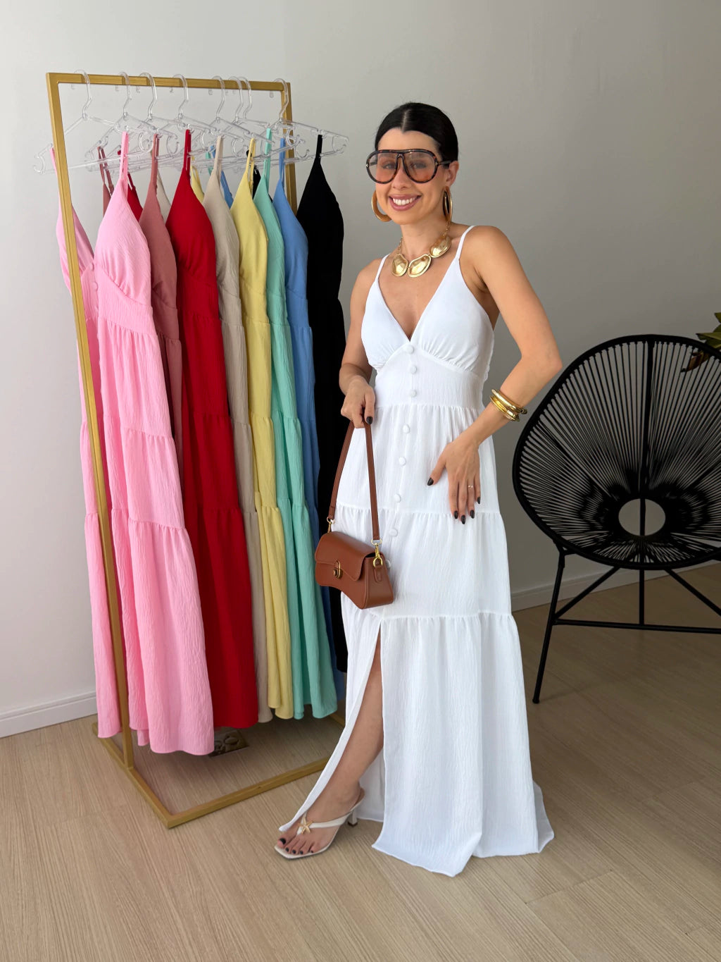 Vestido Longo com Botões Frontais
