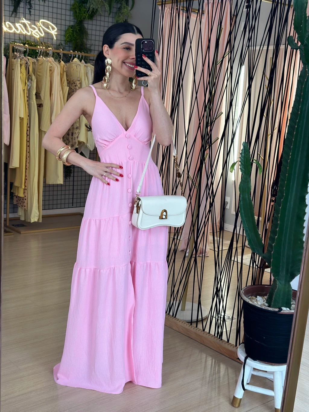 Vestido Longo com Botões Frontais